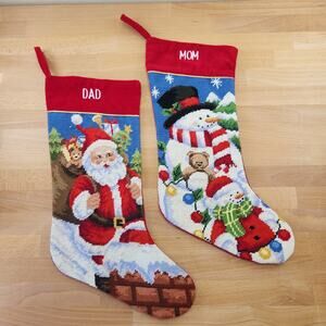 Santa & Snowman Needlepoint Stockings- 20" Mom and Dad- North Pole Trading Co.